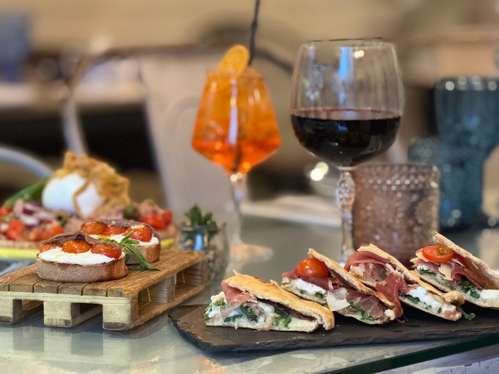 Aperol Spritz, red wine, bruschette and piadine at Pane Cunzato, Holborn